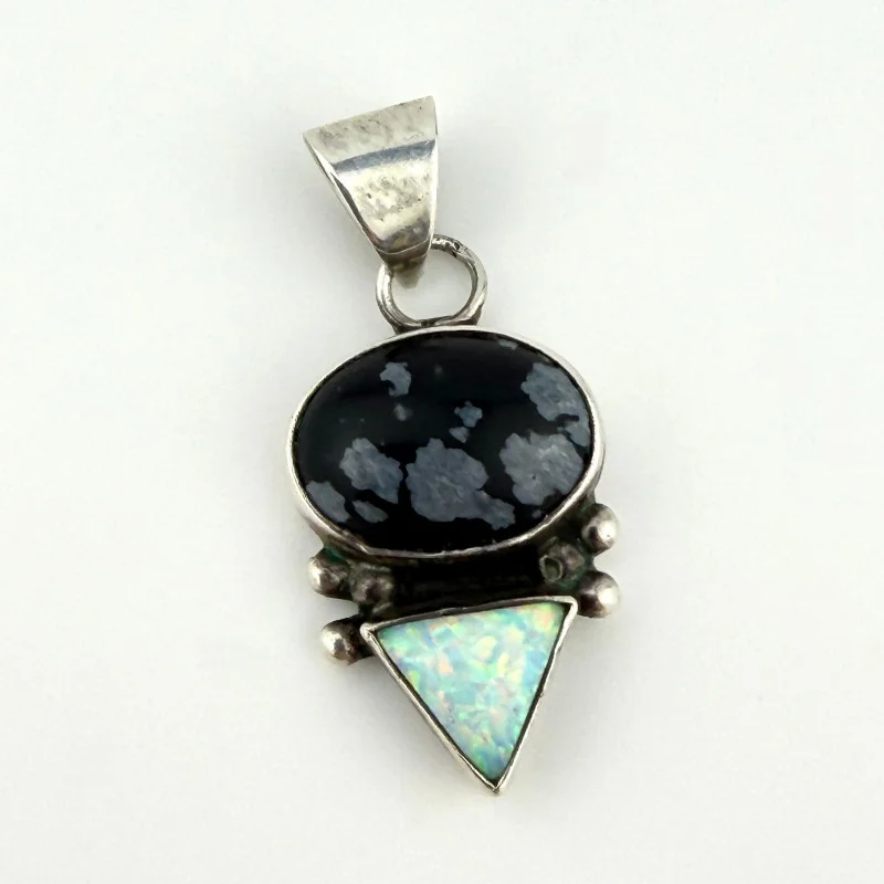 Vintage Handmade Sterling Silver 925 Fire Opal & Snowflake Obsidian Pendant