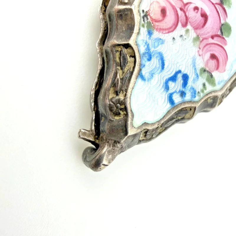 Antique Art Deco Sterling Silver Guilloche Enamel Locket - Pink Roses