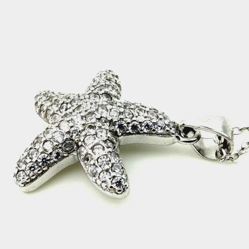 925 Sterling Silver Starfish Pendant Necklace with CZ - 15" Chain