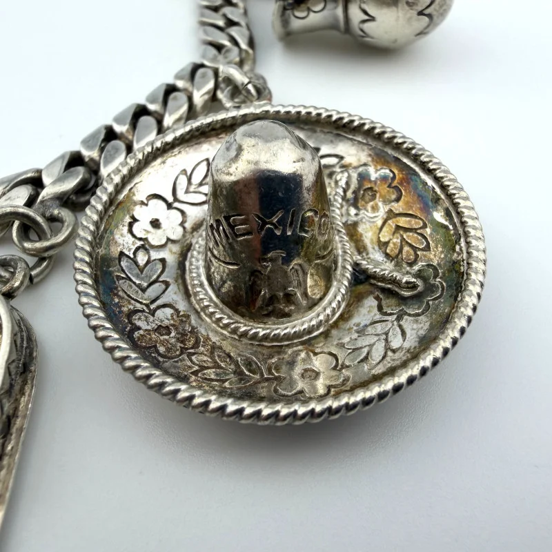 Vintage Sterling Silver Castelan Mexico Charm Link Southwestern Bracelet, 7”