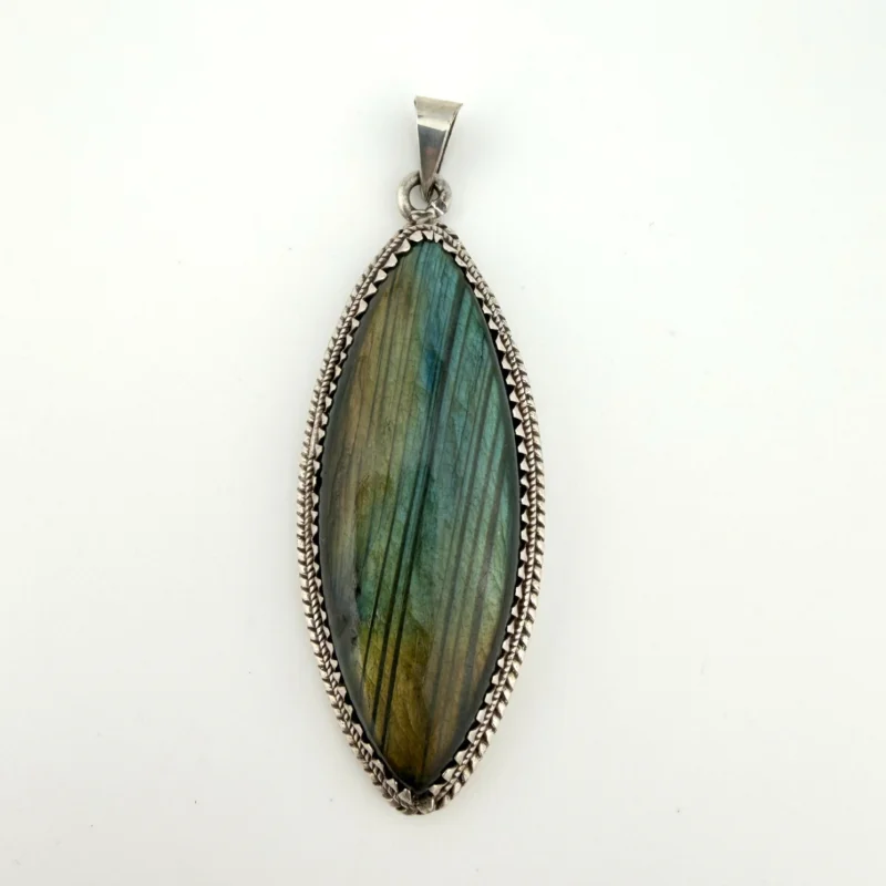 Vintage Large Labradorite Sterling Silver Necklace Pendant Marquise Shape