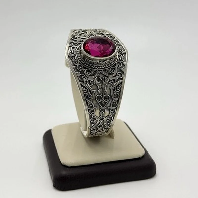 Vintage 925 Sterling Silver Red Faceted Gemstone Filigree Cuff Bracelet Handmade