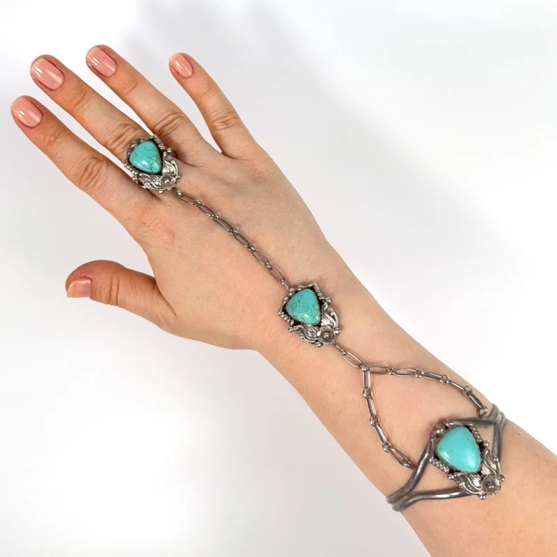 Antique Native American Blue Turquoise Cabs Bangle Slave Bracelet