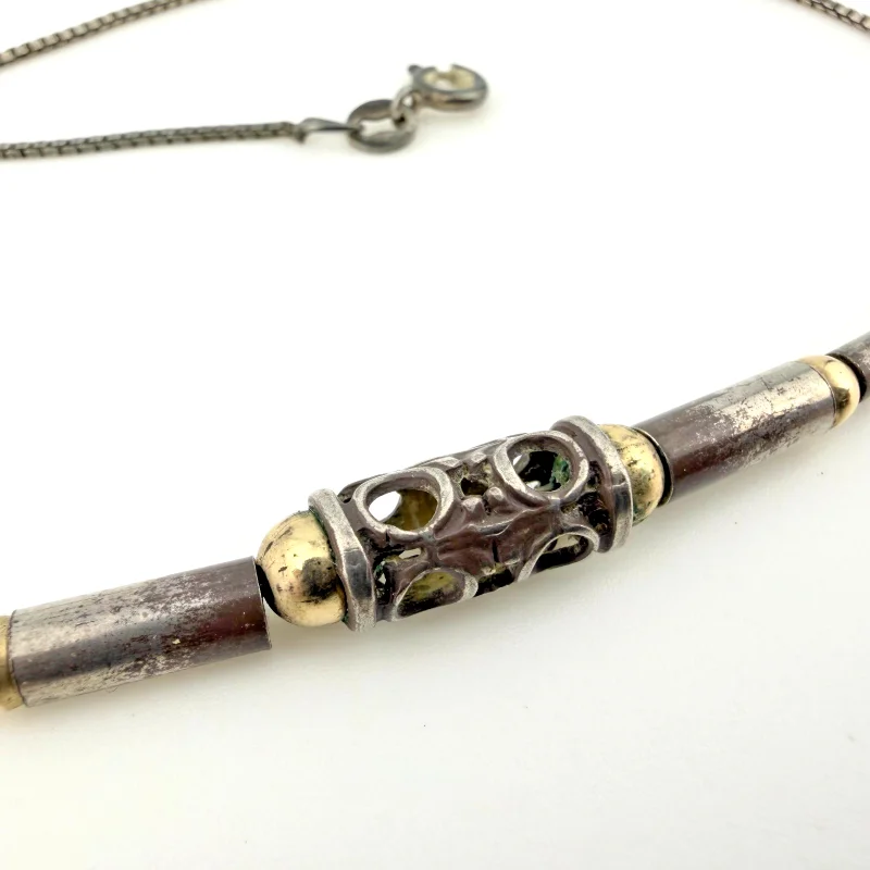 Vintage Sterling Silver 925 & Golden Ball Filigree Tube Beaded Necklace - 15"