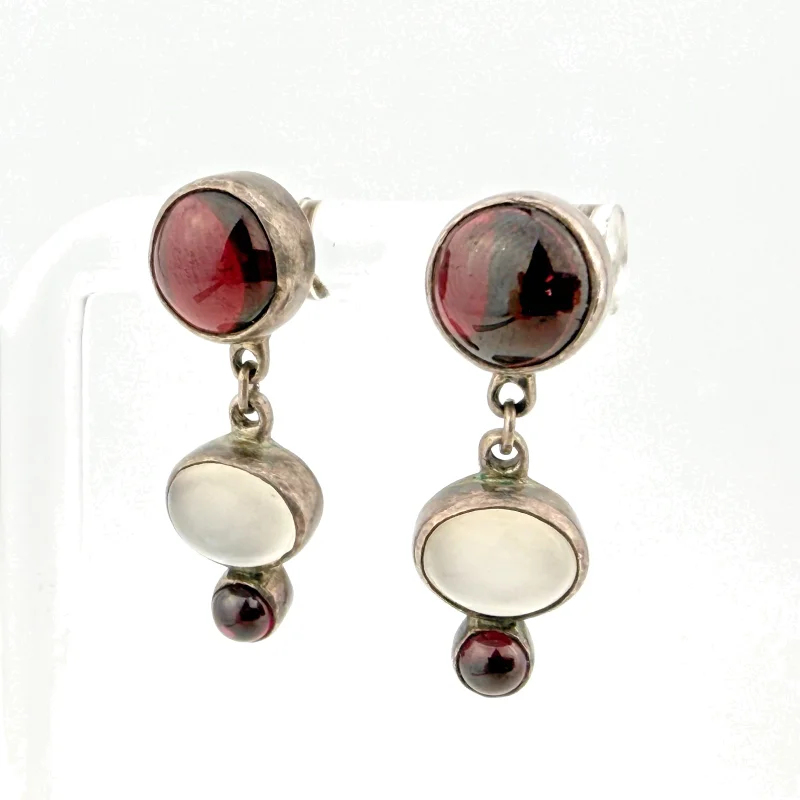 Vintage Janice Girardi Sterling Silver Dangle Earrings - Cat's Eye & Garnets