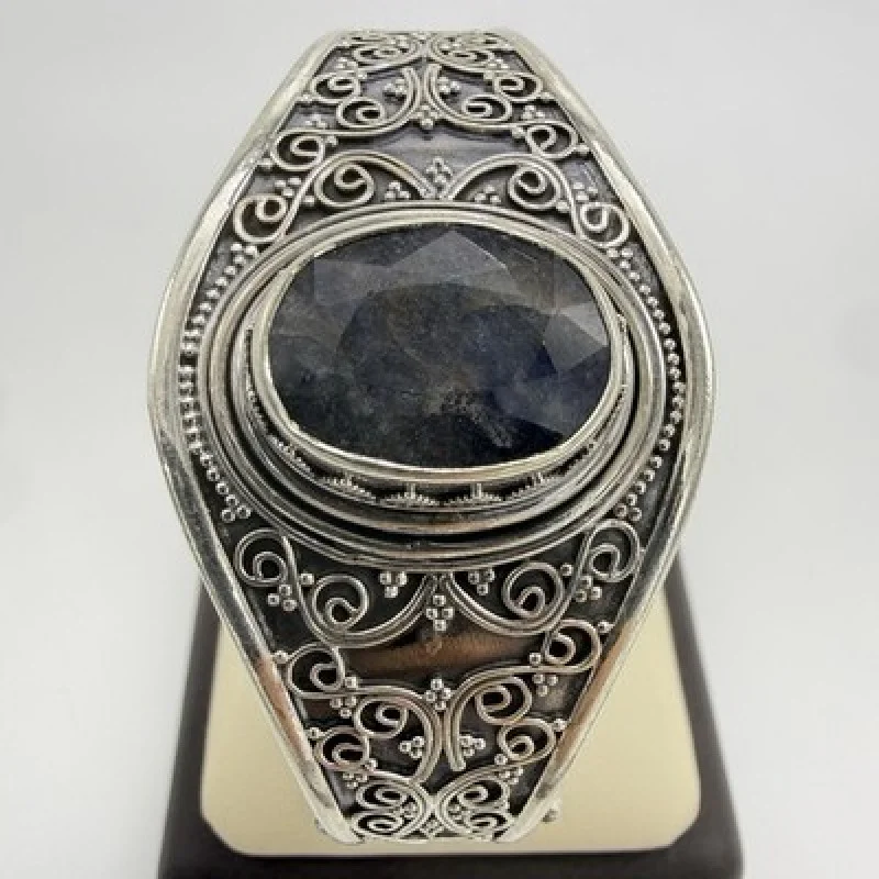 Handcrafted 925 Sterling Silver Vintage Filigree Cuff Natural Blue Gray Gemstone