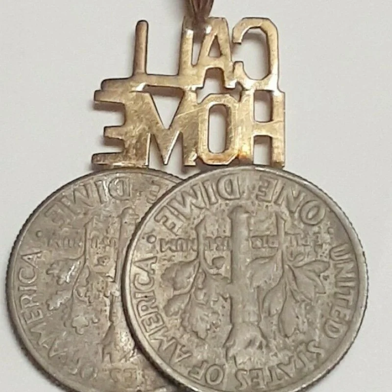 Unqiue 14K Call Home Words ON Two Ten Cents Coins  Head Pendent