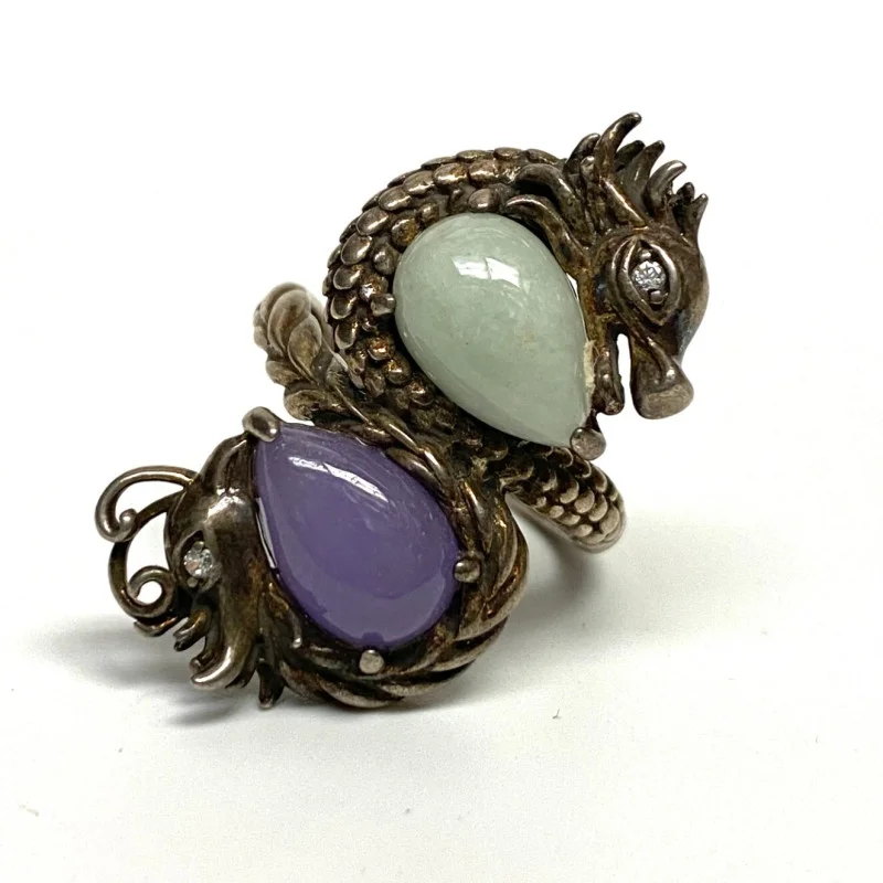 Joy Jade and White Sapphires Sterling Silver Shape Dragon Ring
