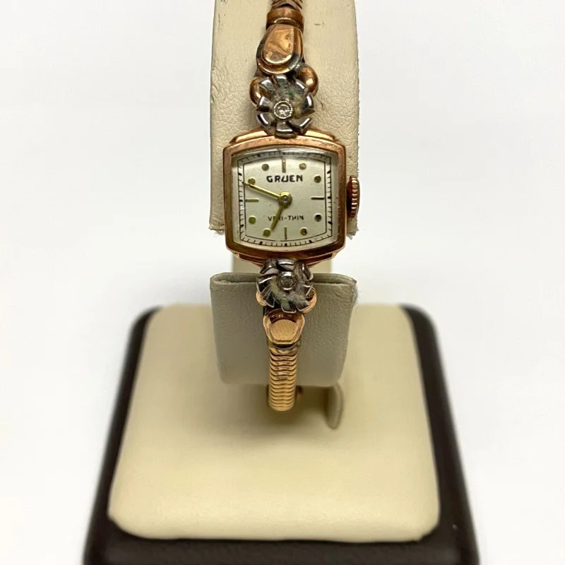 Vintage Ladies GRUEN VERI-THIN Watch 14K Gold 2 Diamonds Swiss Made 17 Jewel