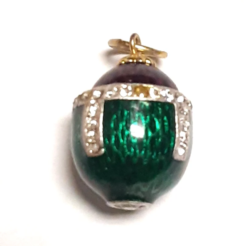 Antique Sterling Silver Green/Plum Colored Diamond Studded Enamel Egg