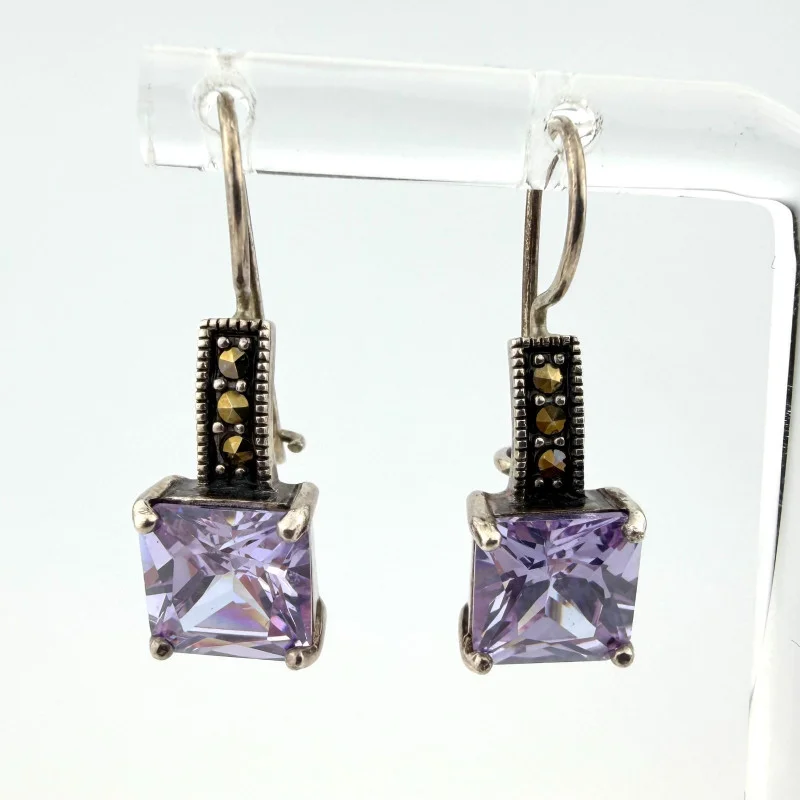 Sterling Silver Lavender CZ & Marcasite Jewelry Set - Pendant & Earrings - 925