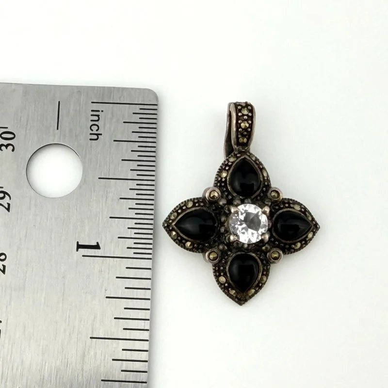 Vintage Thai Sterling Silver Black Onyx Marcasite & Achroite Tourmaline Pendant 