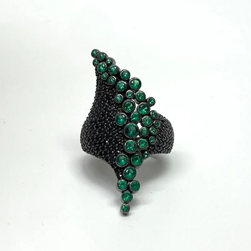 Sterling Silver Black Onyx and Green Emerald Ring