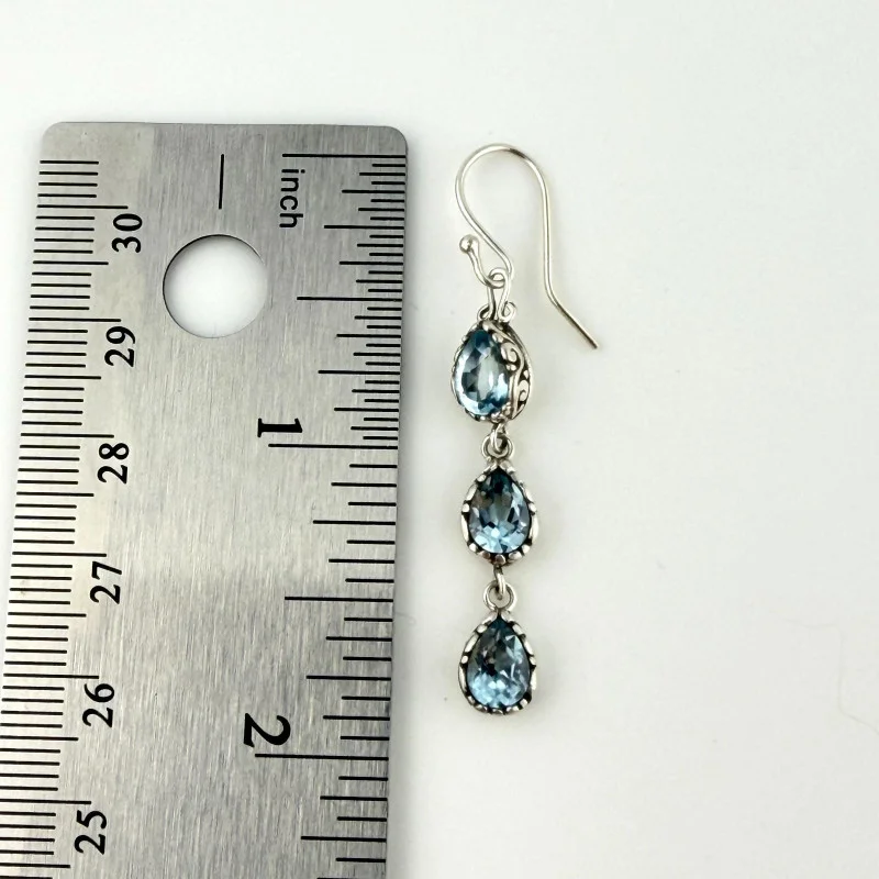 Sterling Silver Blue Topaz Triple Drop Dangle Earrings - 925
