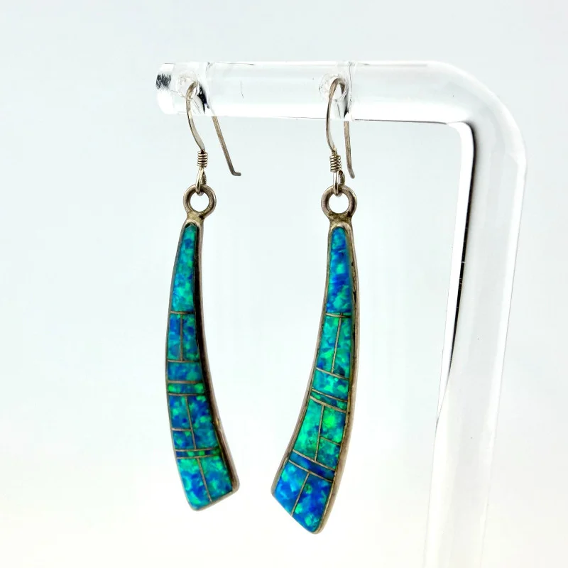 Vintage Dawn Lucas Sterling Silver Opal Inlay Dangle Earrings Marine Mosaic