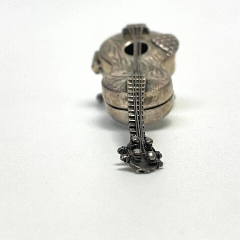 Rare Antique Sterling Silver Miniature Scroll Guitar Pill Box Dove Doll House