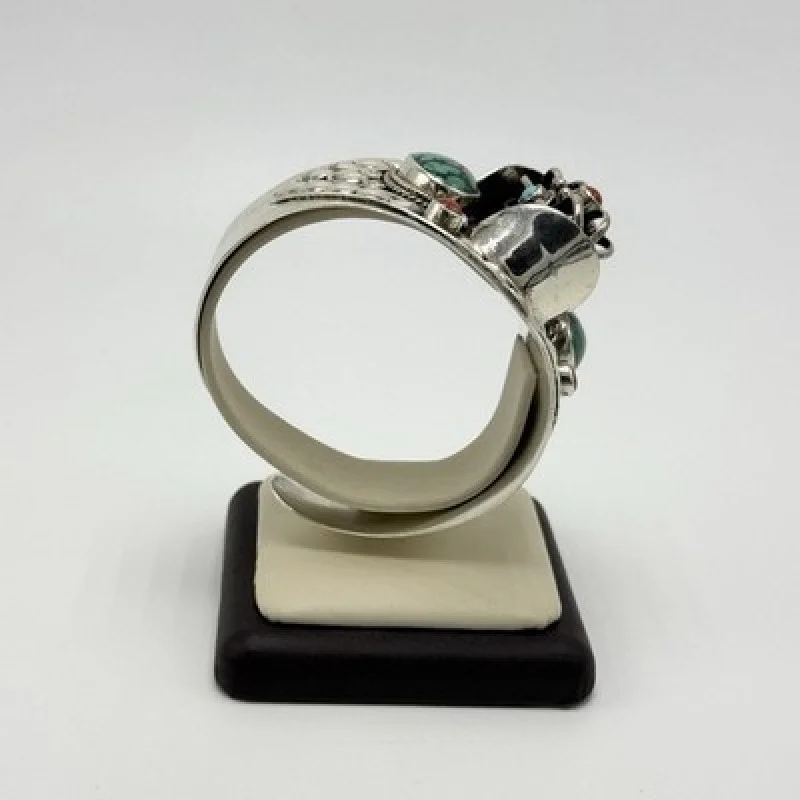 Vintage 925 Sterling Silver Turquoise & Coral Rotating Cuff Bracelet Handmade