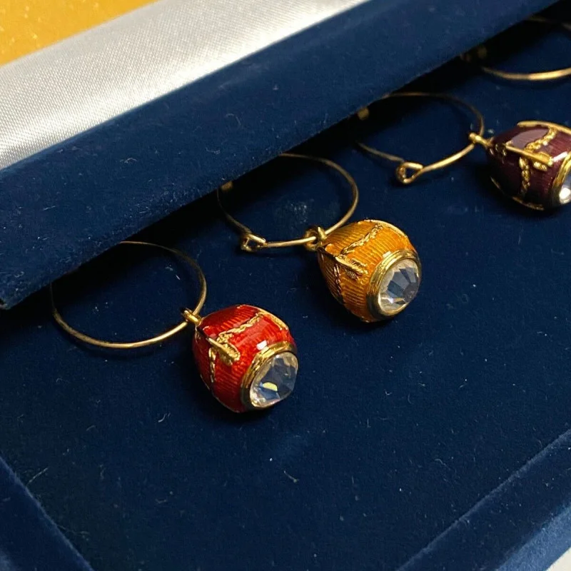 Faberge Egg Wine Glass Charms: Set of Six in Velvet Case - EXCELLENT CONDITION!