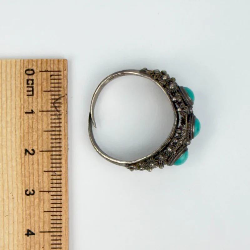 Chinese Export SterlingSilver Filigree Beauty Turquoise Ring, Adjustable