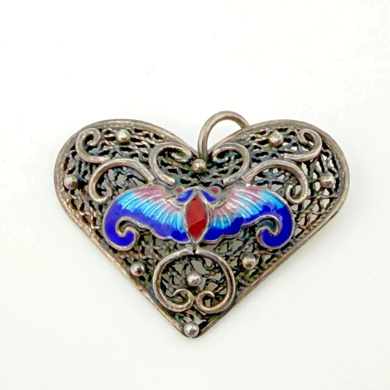 Vintage Silver Heart Pendant with Enamel Butterfly and Filigree