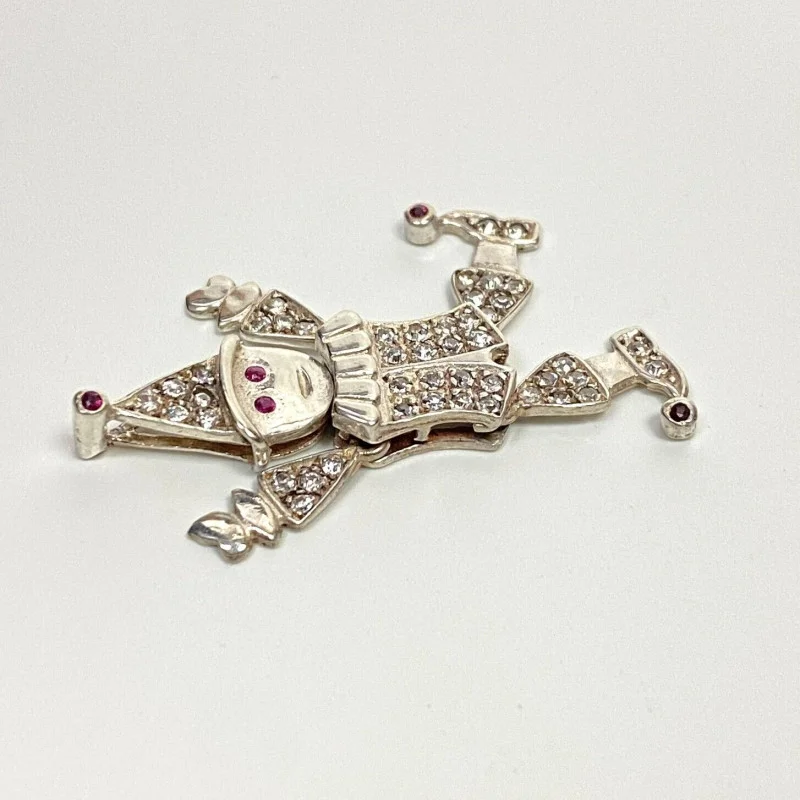White Sapphires and Rubies Jointed Clown Silver Pendant