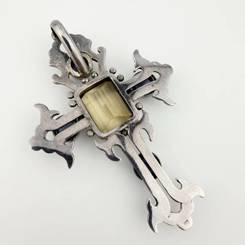 Vintage Sterling Silver Cross Pendant with Citrine and Iolite - 925