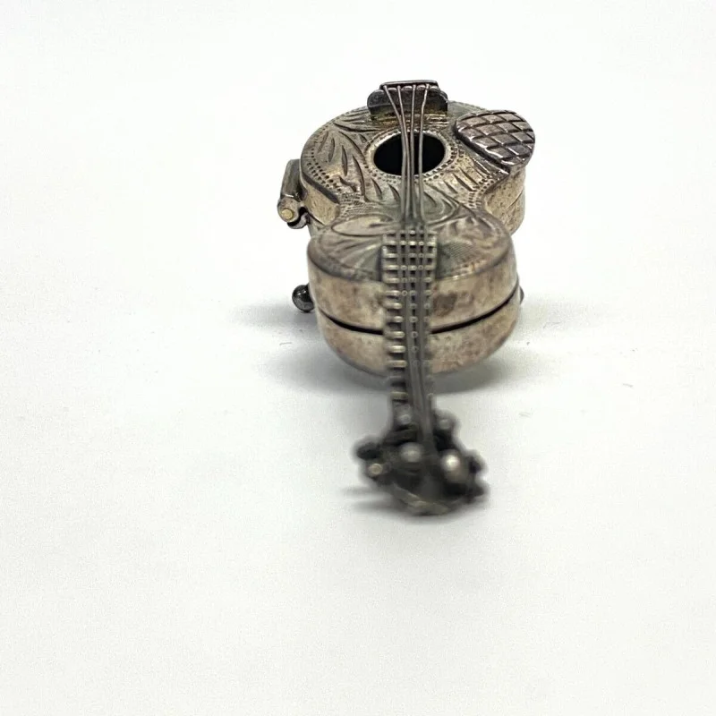 Rare Antique Sterling Silver Miniature Scroll Guitar Pill Box Dove Doll House