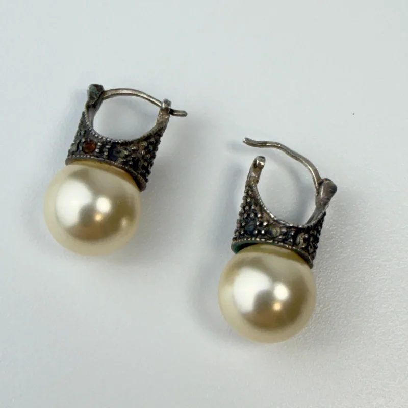 Vintage Marcasite And White Pearl Silver Earrings Pierced