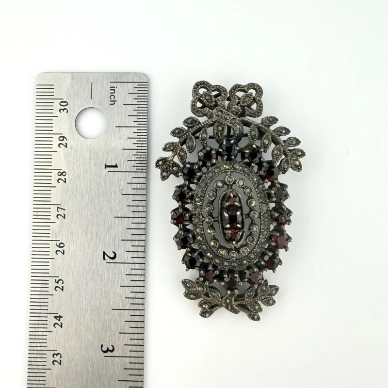 Vintage 925 Sterling Silver Marcasite & Garnet Convertible Pendant Brooch