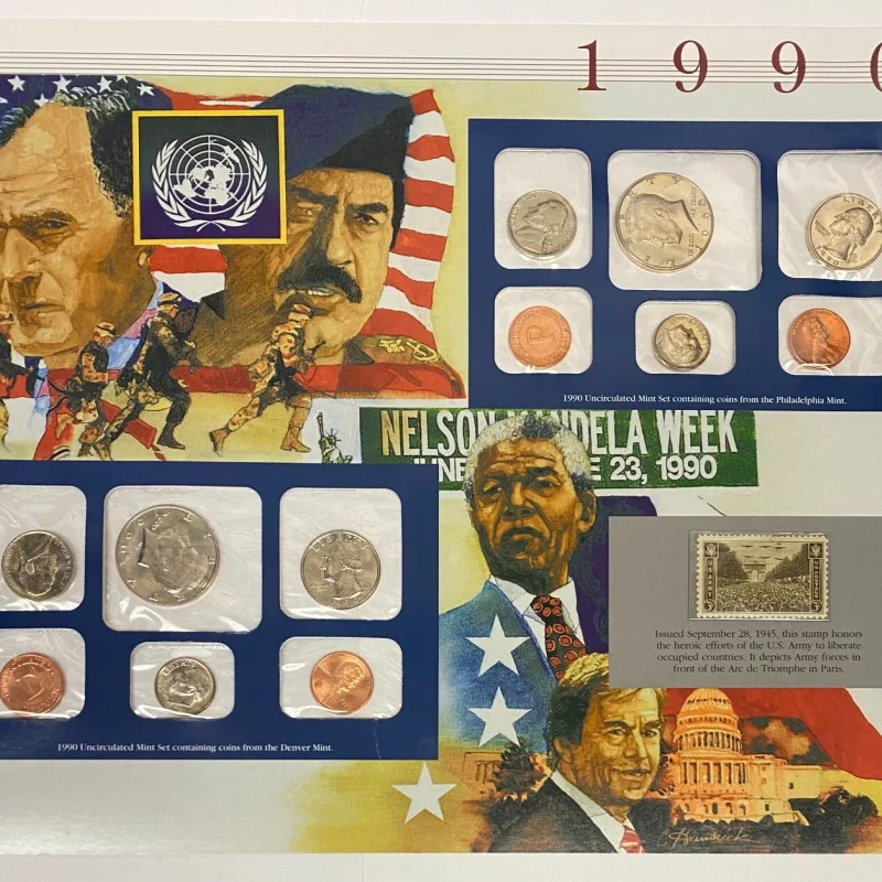 12 COINS 1990 P&D US Mint Sets, Postal Commemorative Society Presentation Panel