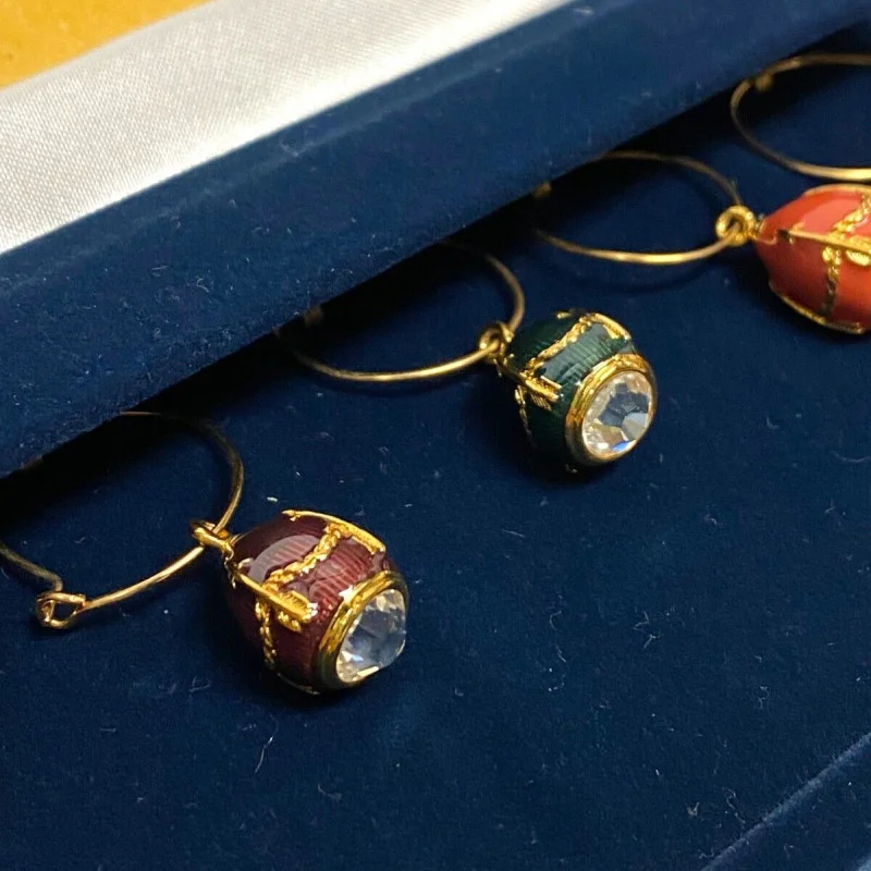 Faberge Egg Wine Glass Charms: Set of Six in Velvet Case - EXCELLENT CONDITION!