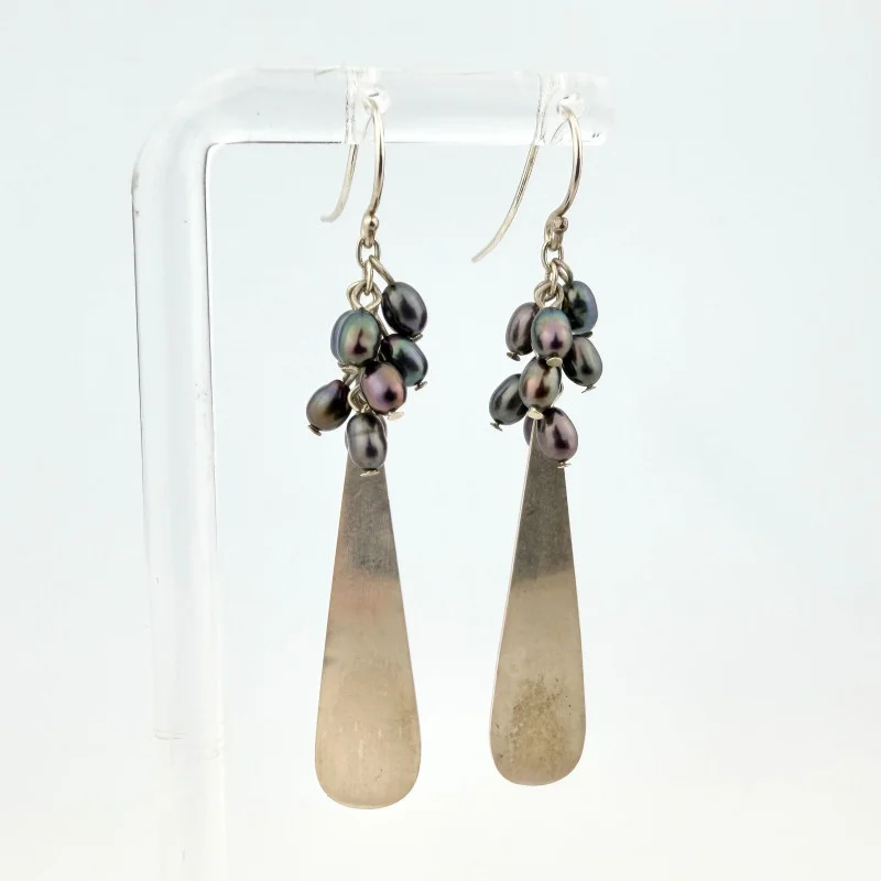 Boho Sterling Silver Dangle Earrings with Peacock-Colored Pearls Bead Clusters