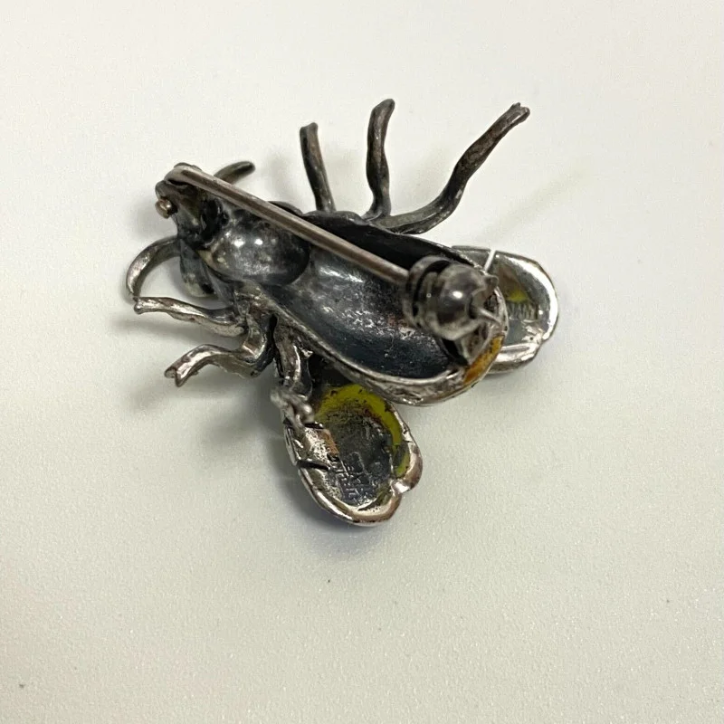 Vintage Sterling Silver & Enamel Bee Pin With Marcasite & Ruby Stone Eyes