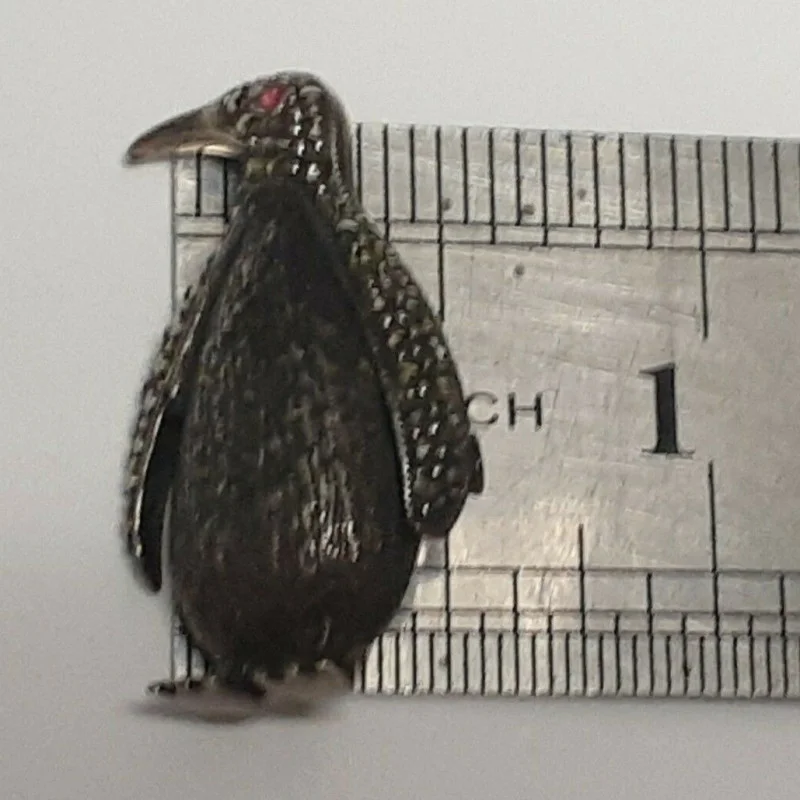 Antique Sterling Silver Marcasite Ferza Engraved Penguin RUBY Red EYE Brooch