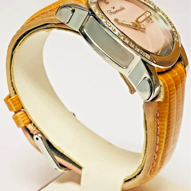 Faconnable Automatic Pink Mother Of Pearl Dial Diamond Bezel Leather Watch !!!