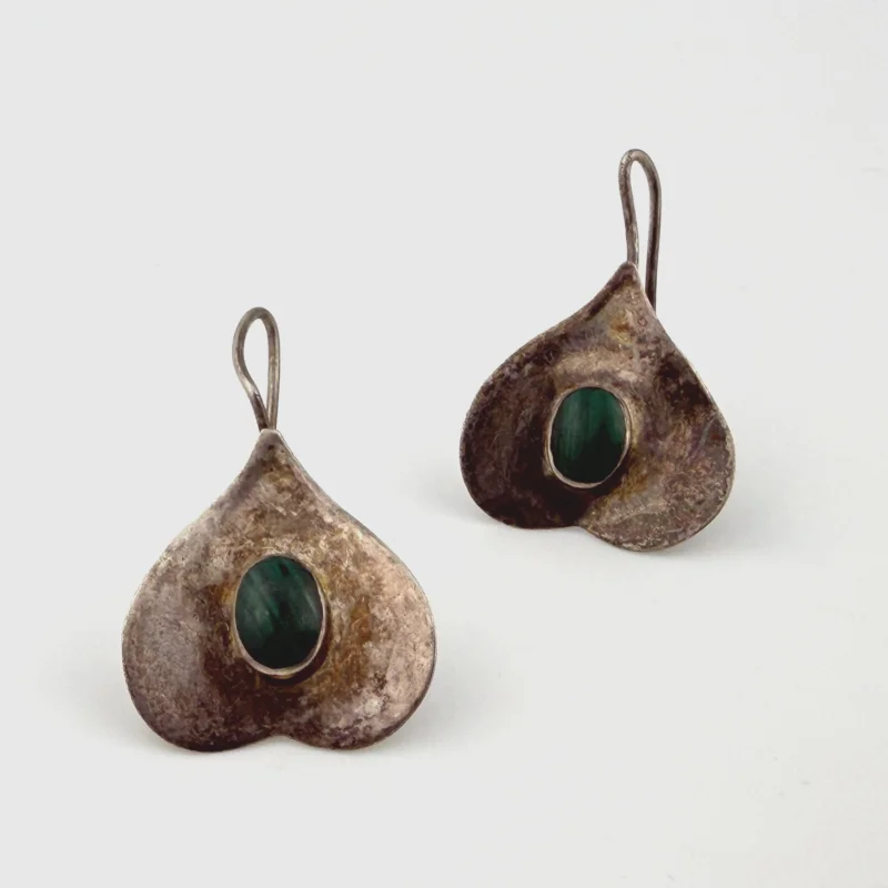 Vintage Modernist 925 Sterling Silver Hook Earrings with Malachite - MF 925