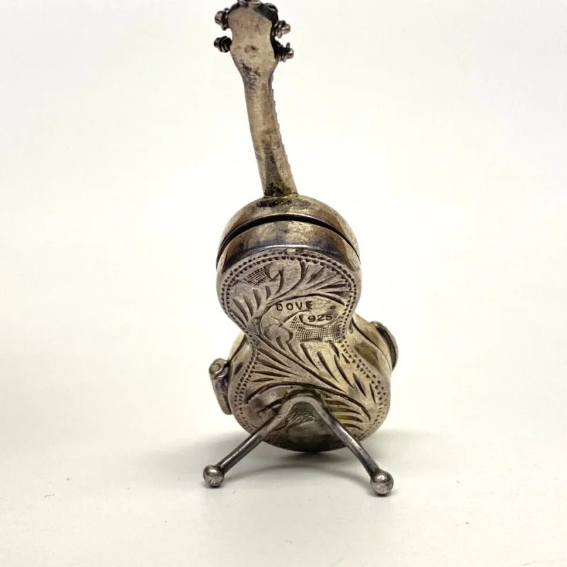 Rare Antique Sterling Silver Miniature Scroll Guitar Pill Box Dove Doll House