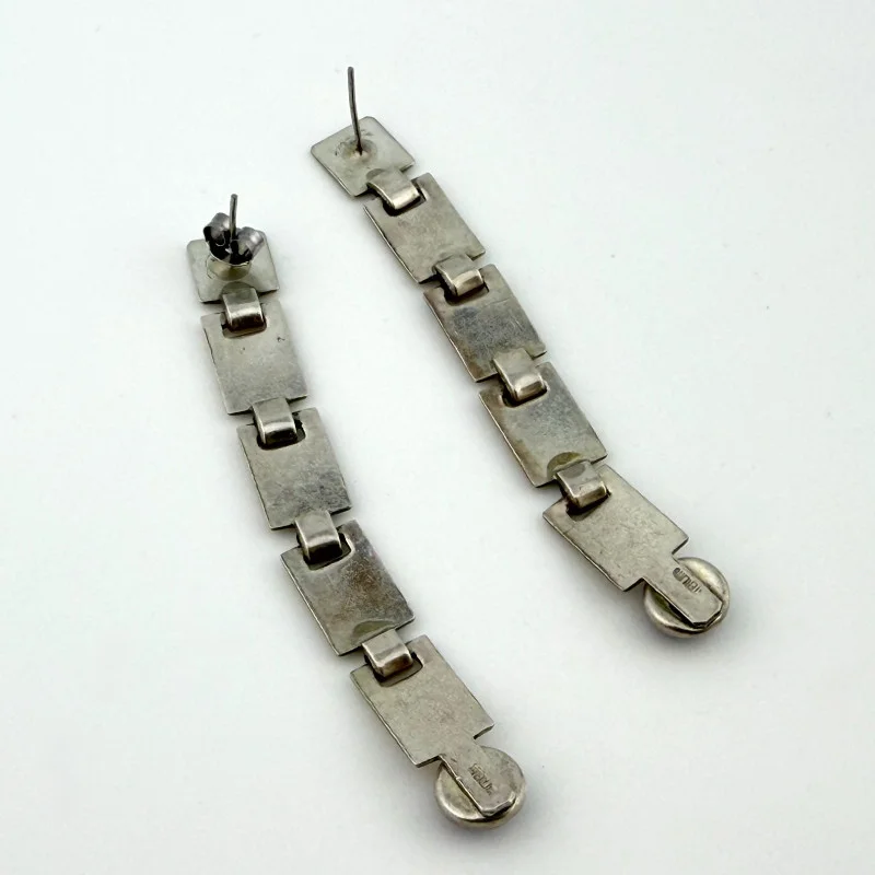 Vintage 925 Silver Long Modernist Dangle Earrings With Purple Iolite Stones