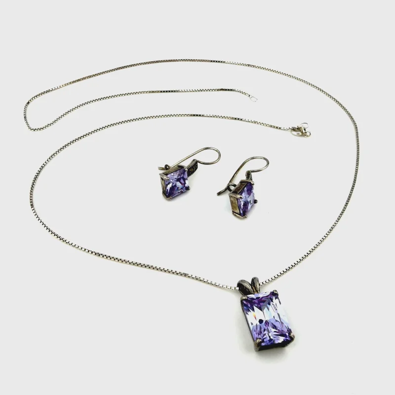 Sterling Silver Lavender CZ & Marcasite Jewelry Set - Pendant & Earrings - 925