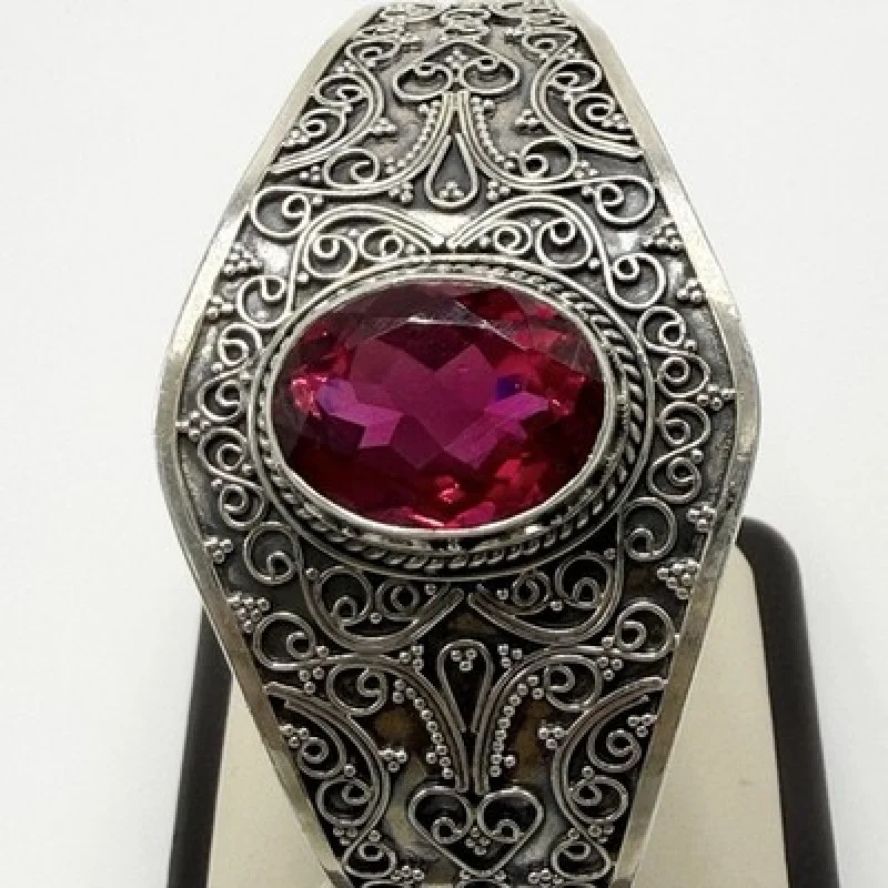 Vintage 925 Sterling Silver Red Faceted Gemstone Filigree Cuff Bracelet Handmade