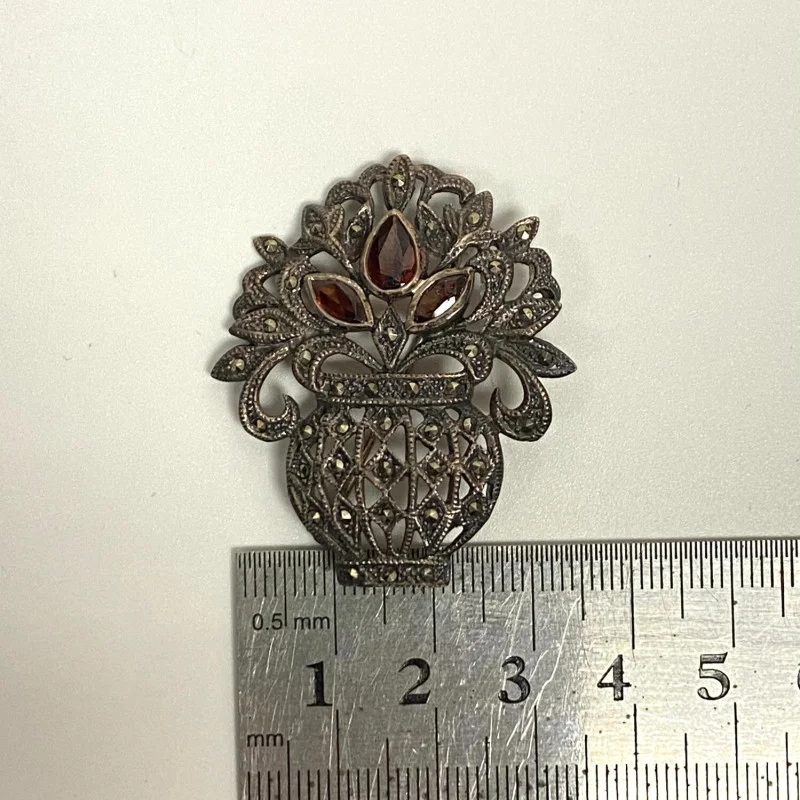 Sterling Silver 925 Garnet & Marcasite Pendant