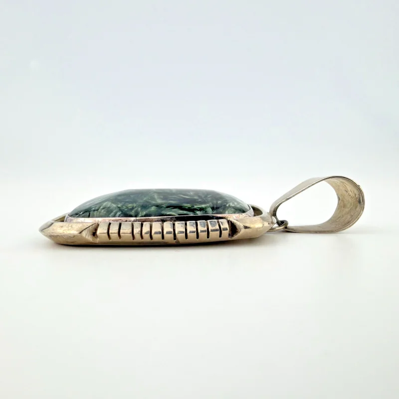 Large Sterling Silver Seraphinite Pendant - Handcrafted with Feathery Pattern