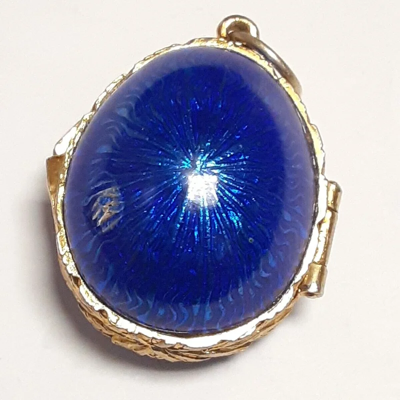 Small Antique Sterling Silver Blue  Enamel Egg  Engraved Angel Pendant