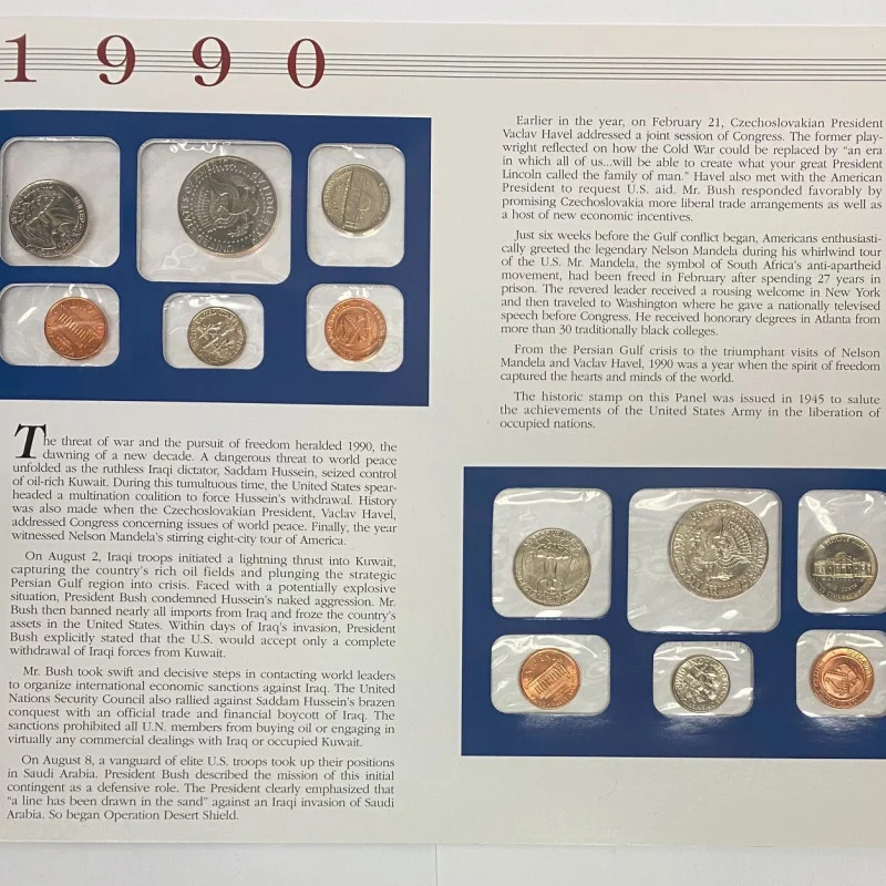 12 COINS 1990 P&D US Mint Sets, Postal Commemorative Society Presentation Panel