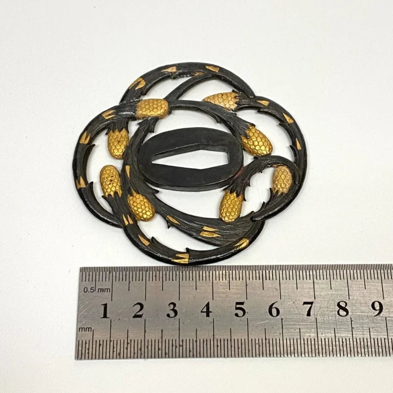 Antique Japanese Tsuba - Iron Sword Guard with Gold Inlay - Pinecone Motif
