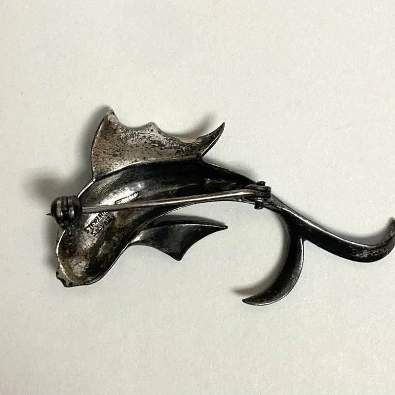 Antique Sterling Silver Designed Gems Faced Blue Multicolor Fish / 1 Ruby Eye  