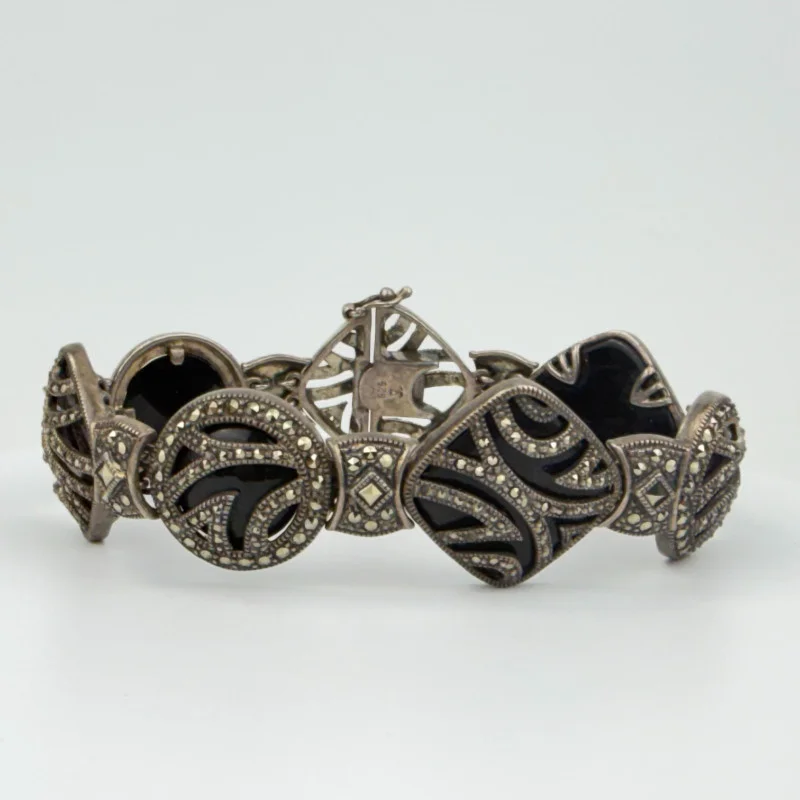 Sterling Silver Vintage Judith Jack Real Marcasite and Black Onyx Bracelet 7.5"