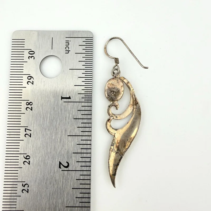 Vintage Sterling Silver Scroll Leaf Dangle Earrings with Black Onyx