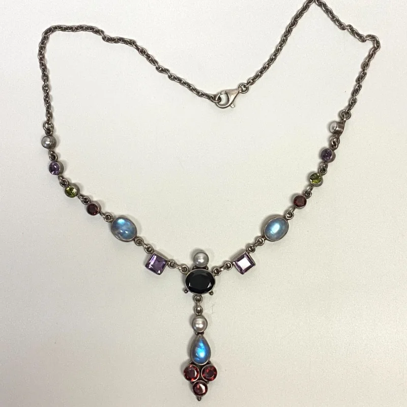 NICKY BUTLER STERLING UNUSUAL FESTOON DRAPE MOONSTONE, GARNET 17 NECKLACE