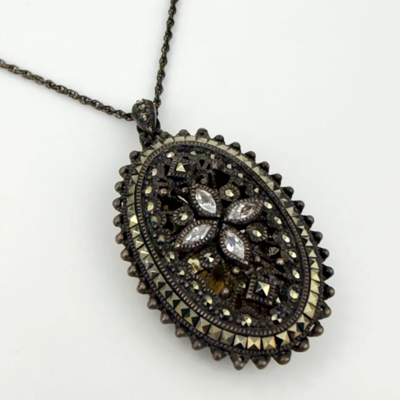 Judith Jack Sterling Silver Marcasite Oval Locket Pendant on Original Chain